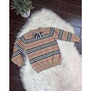 Girls striped printed beige/black/burgundy/ white striped bow tie sweater